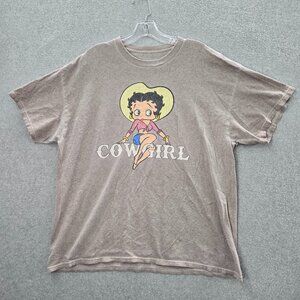 VINTAGE Betty Boop Women Top 2XL Gray Shirt Logo‎ Cowgirl Graphic Short Sleeve